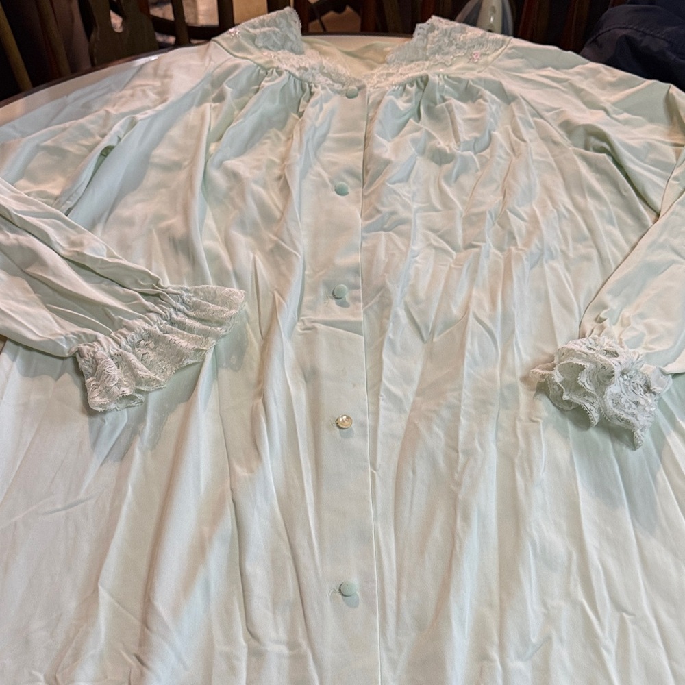 Vintage Shadowline S Mint Green Rosebud Lace Trim Long Robe - Picture 4 of 8